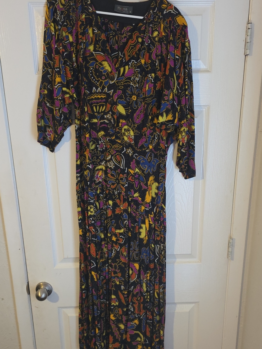 Vintage Black Floral-Print Long Sleeve Maxi Dress 3/4 Sleeve